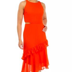 Sam Edelman NWT Side Cut Out Asymmetrical Hem Ruffle Dress, Red Coral - Size 2